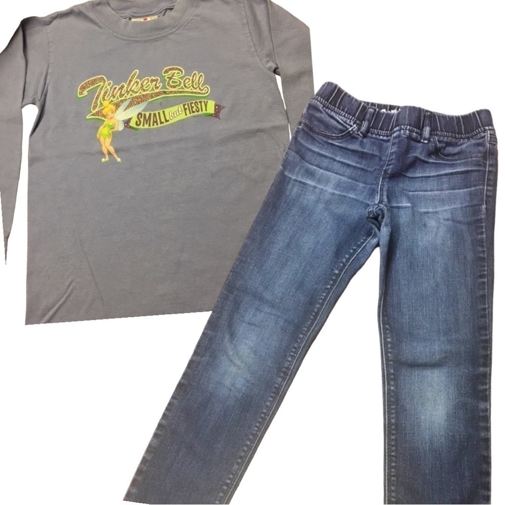 LOT OF 2, GIRLS GAP KIDS LEGGINGS, SIZE 8 REGULAR & TINKER BELL SHIRT, SIZE 8.